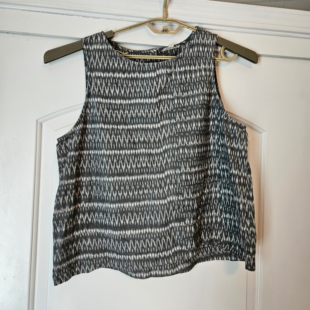 Eileen Fisher Sleeveless Shell Top Tank XL Black White Ikat Cotton‎ Lightweight
